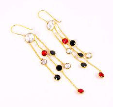 Brass 22k Gold Plated Chain Dangle Earrings with Colorful CZ Stones